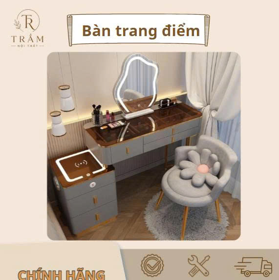Bàn Trang Điểm, Bàn Phấn Thông Minh Có Gương Đèn Led Cảm Ứng 3 Màu, Sạc Không Dây, Loa Buetooth,2 Cổng USB Tiện nghi TO2